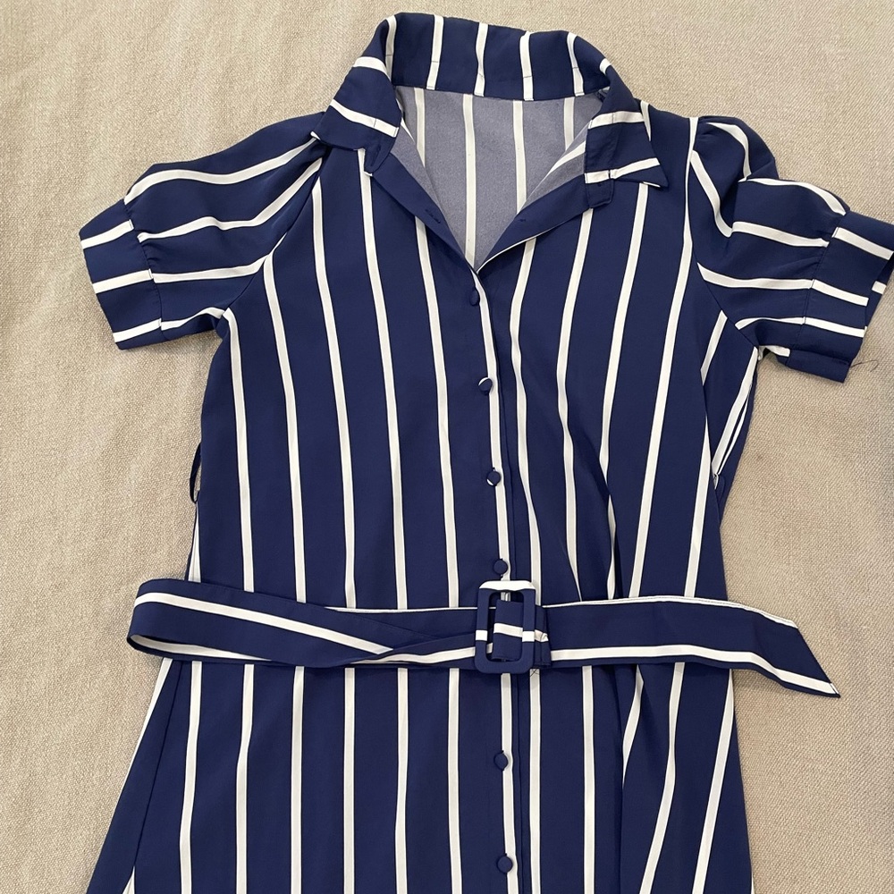Striped Belted Dress- Navy & White - Picture 5 of 5